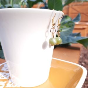 Green Jade Stone Simple Dangle Gold Earrings